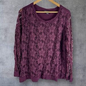 Adrianna Papell Popover Top Lace Overlay Sheer Sleeve Wine Burgundy Size XXL‎ 2x